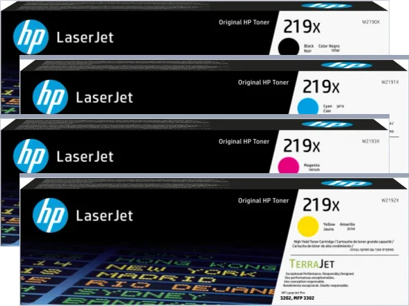 Quattro cartucce toner HP 219X originali: nero, ciano, magenta e giallo